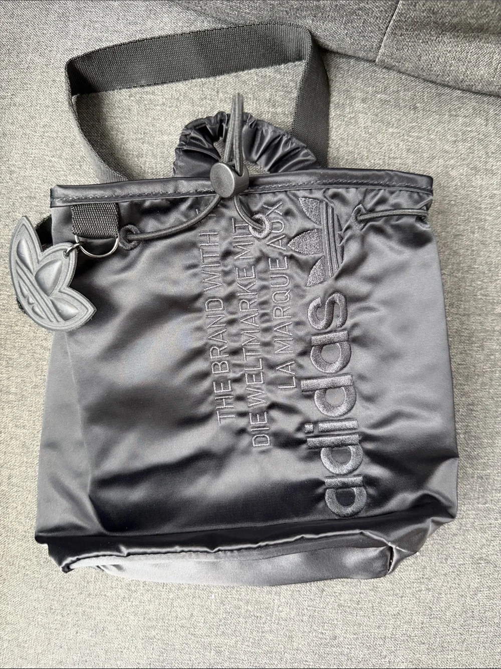 adidas Originals Black Satin Drawstring mini Backpack Trefoil Charm